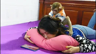 Wow Good Hair Salon!! Dodo Removal Lice And Dandruffe From Mom's Hair, Monkey Take Care Mom