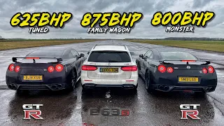 FAMILY WAGON vs RACE CAR.. 875HP E63S vs 800HP GTR vs 625HP GTR