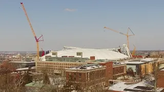 Carrier Dome roof: 'Roller coaster' crown truss taking shape