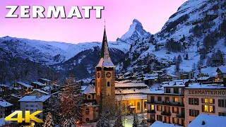 Zermatt 🇨🇭 A Beautiful River Walk With Snowy Buildings in The Swiss Alps Switzerland 4K 60p