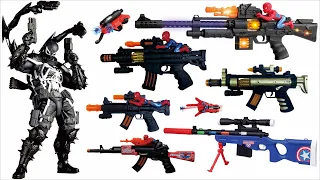 Collection of toy gun unboxing review tests, Spider Man submachine gun, AK47 assault rifle