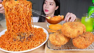 ASMR MUKBANG | Spicy Fire Chicken Noodles 🔥 Crispy Cheese Potato Croquettes ★ (Buldak Bokkeummyeon)