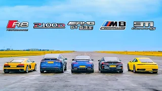 BMW M8 v Audi R8 v AMG GT 4dr v 911 vs Tesla Model X: DRAG RACE