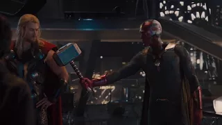 Vision lifting Thor's hammer Avengers: Age of ultron scene