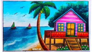 my new colourfull Beach scenery drawing।  Beautiful Nature । step by step easy art for beginners
