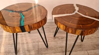 Loft-style coffee tables made of sawn oak and epoxy resin