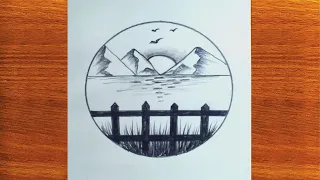 circle scenery drawing with pencil || Mountain and river landscape drawing || mountain drawing easy