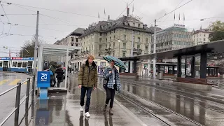 Rainy morning walk in downtown Zurich, Switzerland | Binaural City Sounds | 4k Rain Ambience