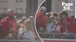 Travis Kelce rocks custom WWE wrestling belt at Kansas City Chiefs Super Bowl parade