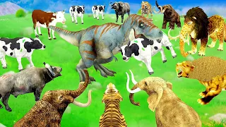 2 Zombie Tigers vs 3 Dinosaurs vs Giant Lion Attack Baby Goat Bull Save By Woolly Mammoth Elephant