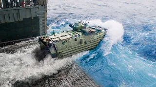 US Armored Vehicle Jumping From Ship Into Deep Water