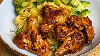 Dinner for my kids! Juicy baked chicken wings with Rasta pasta and some Veg! You will make it weekly