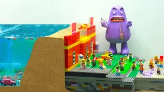 Lego Dam Breach Experiment with Grimace Shake Lego - Lego Natural Disasters with Mini Dam