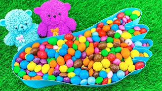 Satisfying Video - Full of Rainbow Skittles Candy in Magic Foot with Color Bear & Grid Balls - ASMR