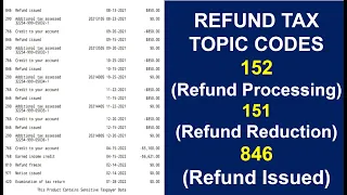 What Common Refund TAX TOPIC CODES Mean- 152 (IRS Processing),151(Refund Reduction), 846 ($$ Issued)