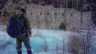 Abandoned castle in the mountains, Large stone shelter, Winter camping