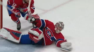 Carey Price tumbles over on his back for incredible overtime save