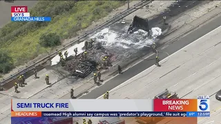 Semi-truck carrying meat incinerated by massive fire on 5 Freeway 