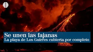 La nueva fajana de lava ya cubre por completo la playa de Los Guirres