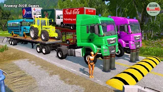 Double Flatbed Trailer Truck cars vs rails tractor vs train cars vs bollards Beamng Drive 311