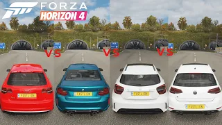 Forza Horizon 4   Audi RS3 v BMW M2 v AMG A45 v VW Golf R (Soundcheck, 0 200, BRAKE TEST & TOPSPEED)