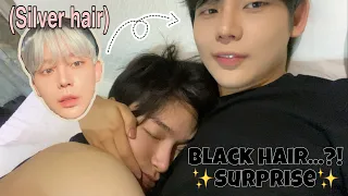 ♥️Boyfriend's reaction after dying his hair secretly while lying next to him♥️ㅣ♥️남자친구 잘때몰래 염색하고 반응♥️