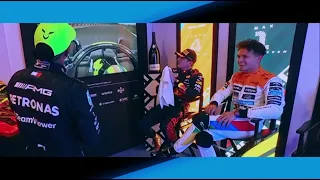 Verstappen, Norris and Hamilton have a chat about the race in the cooldown room
