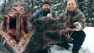 ОГРОМНЫЙ СЕКАЧ дерется с собаками. ОХОТА НА КАБАНА в зимнем лесу