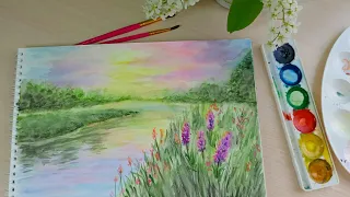 Летний пейзаж 🎨/засыпай под звуки природы #asmr #drawing #watercolor