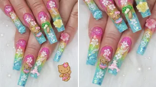 Hawaiian Hibiscus Sunset Hello Kitty Tropical Beach Glitter Ombré Acrylic Nails