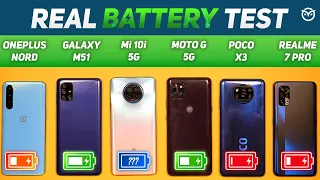 Mi 10i vs Nord, Moto G 5G, Realme 7 Pro, Poco X3, M51 Battery Drain Test | Charging | Gaming Test