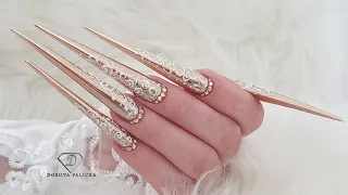 Extreme stiletto nails. White and gold nails. Competition nails. Fiber Gel Sculpted Nails by Dorota