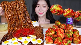 ASMR MUKBANG | Spicy Mini Cabbage Kimchi 🔥 Spicy Black Bean Noodles (Sichuan Chapagetti) 🔥 Fried Egg