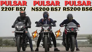 Pulsar 220f {BS7} vs Pulsar NS200 {BS7} vs Pulsar RS200 {BS7} Drag Race | The UP46 Rider |