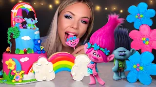 ASMR EDIBLE TROLLS, RAINBOW SANDWICH COOKIE, CAKE POP, EDIBLE FLOWERS, RAINBOW TROLL CAKE MUKBANG