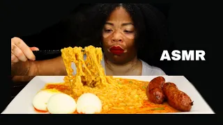 ASMR SPICY CHEESY NOODLES + SOFT BOIL EGGS RELAXING EATING SOUNDS NO TALKING  EATING SHOW