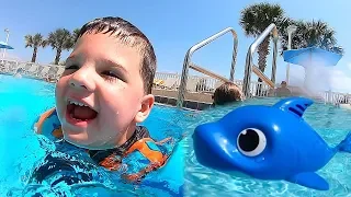 Kids Swimming With Baby Shark Toys in GIANT Swimming Pool! Caleb Pretend Play