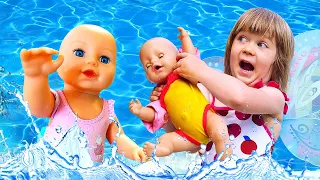 Kids Play Dolls & feeding Baby Dolls at the swimming pool - Family fun video with Bianca