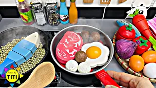 Cooking Meatballs with Tomato Sauce and Fish Fry with kitchen toys | Nhat Ky TiTi #268