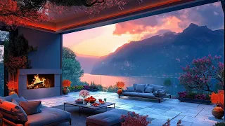 Soothing Jazz Music for Gentle Spring Sunset by Lakeside 🌸 Cozy Porch Ambience & Fireplace to Relax