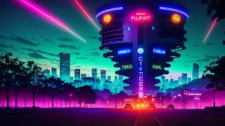 Free Stock Videos - a futuristic city at night with neon lights and a futuristic tower in the middle