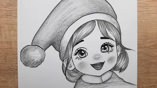 Kolay Şapkalı Kız Çizimi, Yeni Yıl Şapkalı Güzel Bir Kız Kolay Yoldan Adım Adım Nasıl Çizilir