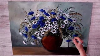 Katarzyna Lach obraz krok po kroku "Chabry i rumianki" painting step by step "Cornflowers" tutorial