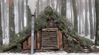 Building My Bushcraft Hideout to Live Alone | Wooden Logs Shelter with Stove and Chimney