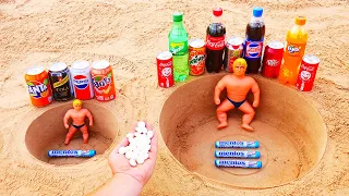 Big or Small? Stretch Armstrong, Cola, Pepsi, Sprite, Fanta, Other Sodas vs Mentos Underground