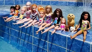 POOL ! Elsa and Anna toddlers - Barbie - boat ride - floaties - swim - water fun - splash