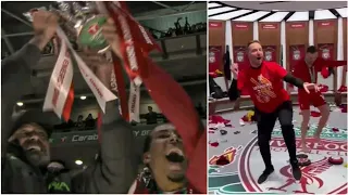 Liverpool players singing and dancing in the dressing room after winning the Carabao cup