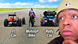 F1 Fan Reacts to F1 Car vs MotoGP Bike vs Rally Car: Ultimate Drag Race!