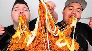 EXTREMELY CHEESY SUPER SPICY 'PESTO' FIRE NOODLES • Mukbang & Recipe