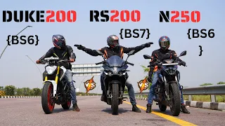 2023 Pulsar RS200 {BS7} vs KTM Duke200 {BS6} vs Pulsar N250 {BS6} Drag Race | Triple Battle |